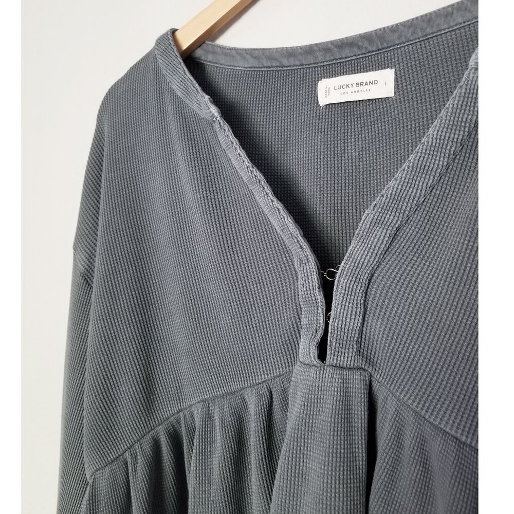 Lucky Brand Waffle Knit Peplum Top L Ebony Grey 100% Cotton Oversized Babydoll - Picture 14 of 16